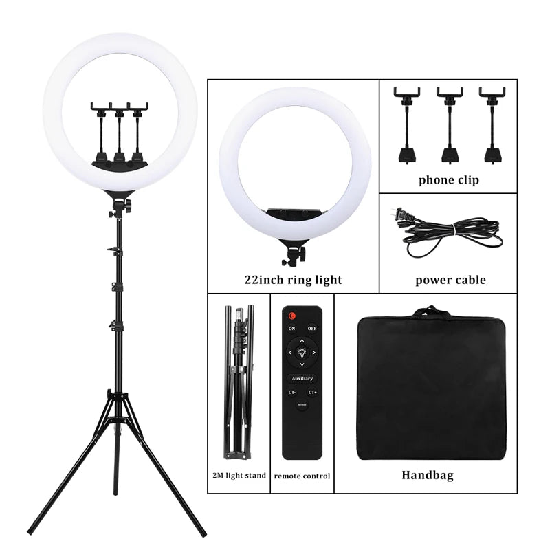 Ring Light LED 22’’ com Temperatura Ajustável 3200K–6500K e Controle de Brilho – Luzes e Iluminação