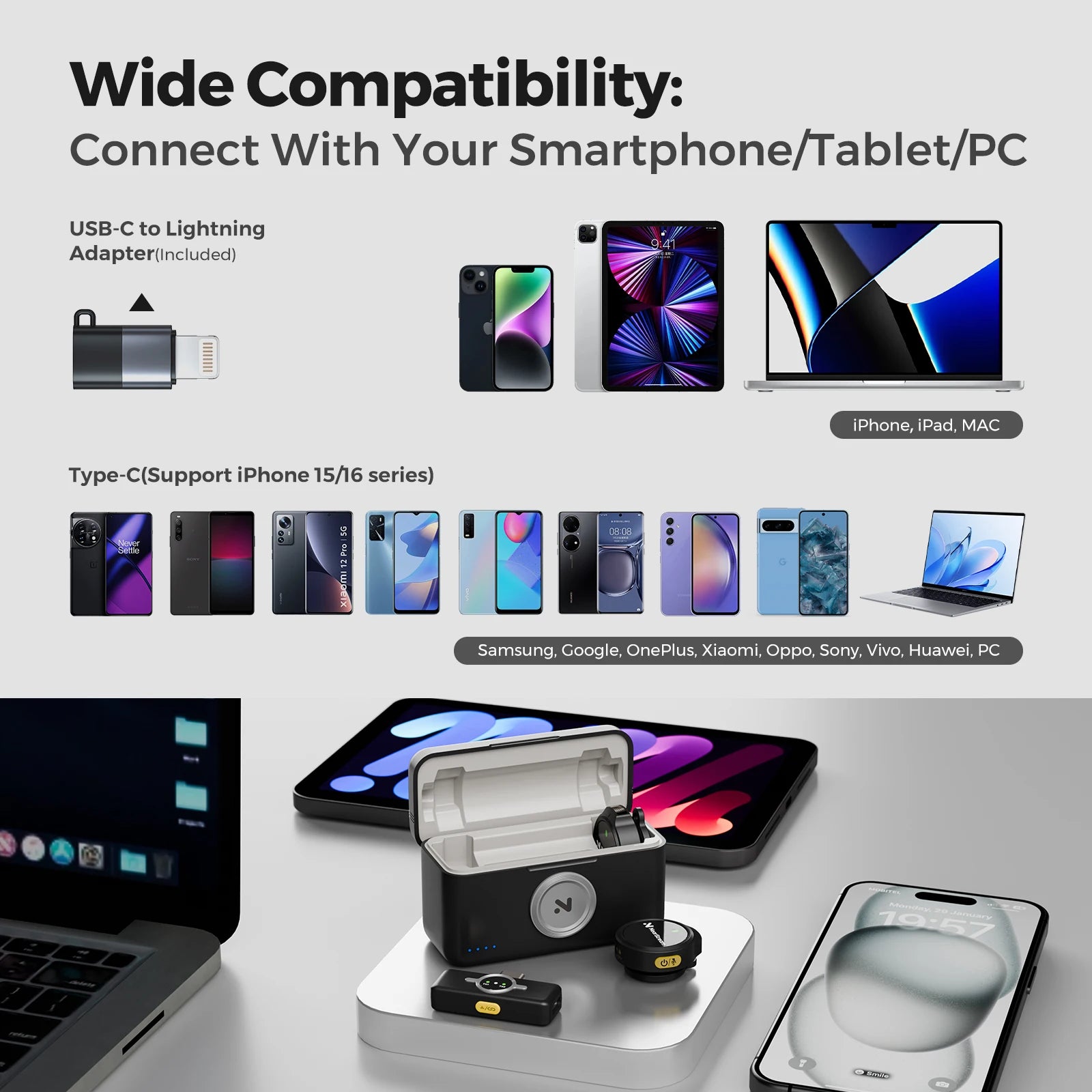 Kit Microfone de Lapela Sem Fio Nearstream (2 Unidades) com Conexão para iPhone, Android e Câmera – Captação de Áudio