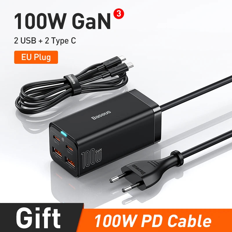 Carregador de Mesa Baseus GaN3 100W/65W com Múltiplas Portas USB-C/USB – Energia e Carregamento