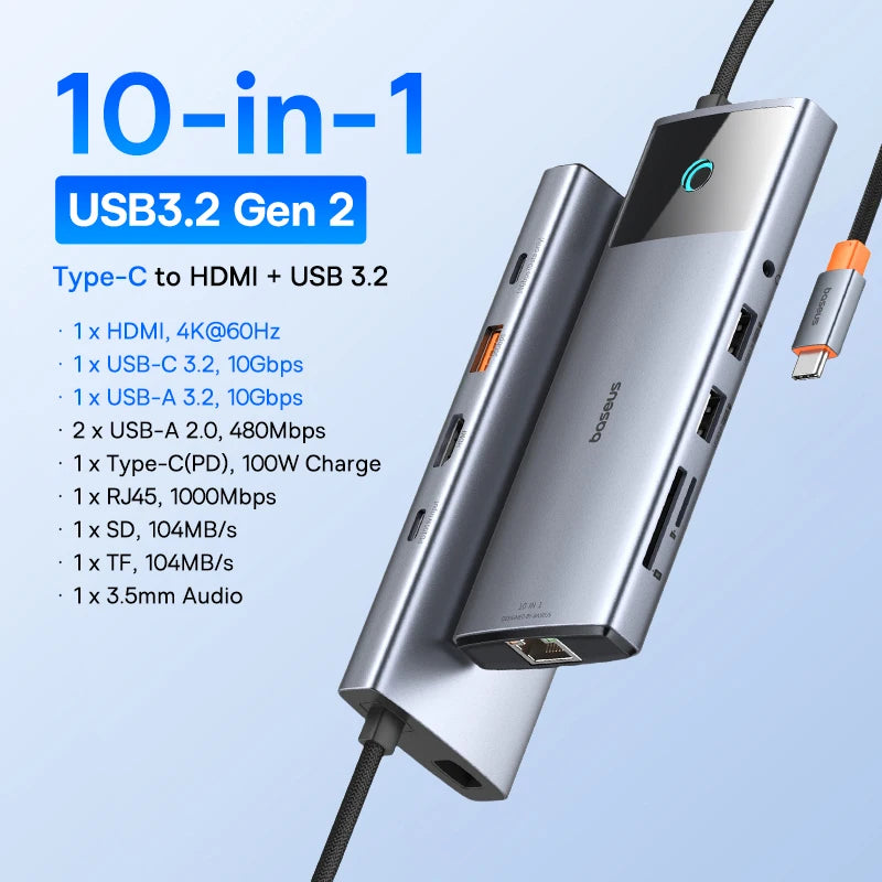 Hub USB-C Baseus 10 em 1 com Dual HDMI 8K/4K e PD 100W – Acessórios e Adaptadores