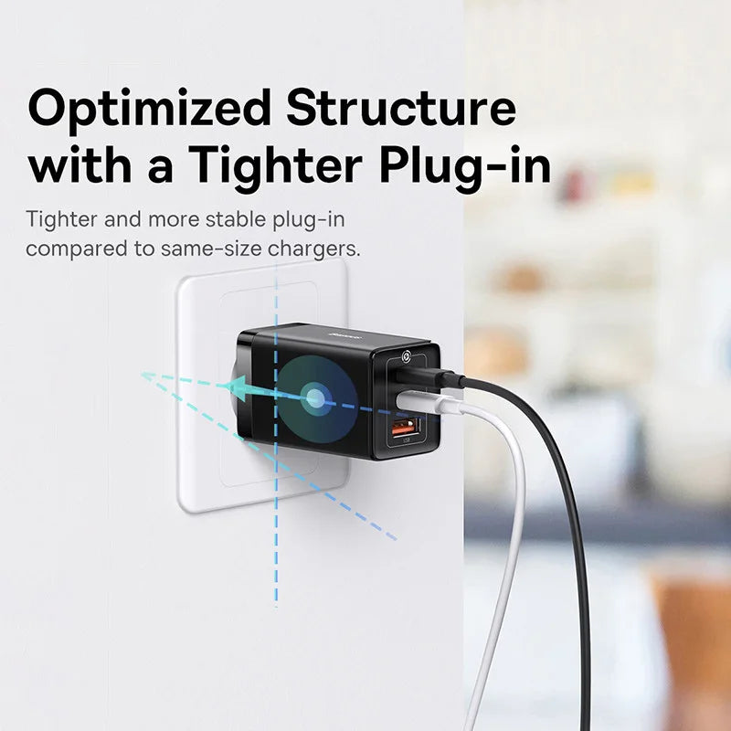 Carregador Rápido Baseus GaN 65W com Portas USB-C/USB e QC 4.0 – Energia e Carregamento