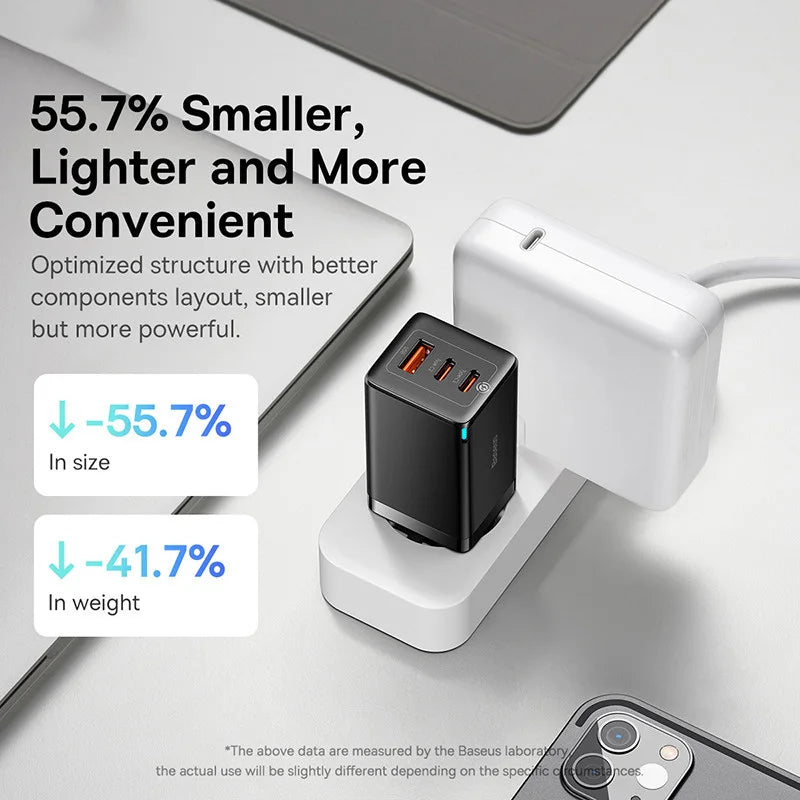 Carregador Rápido Baseus GaN 65W com Portas USB-C/USB e QC 4.0 – Energia e Carregamento
