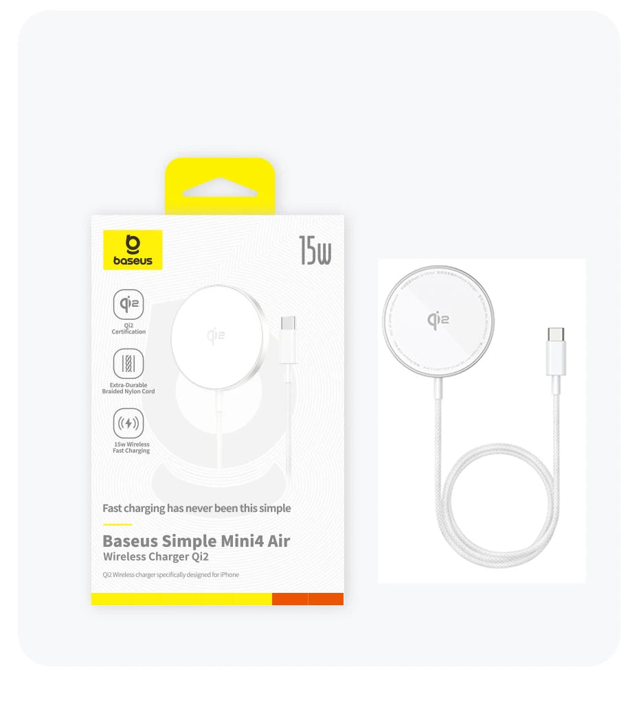 Carregador Sem Fio Magnético Baseus 15W Qi2 com Carregamento Rápido – Energia e Carregamento