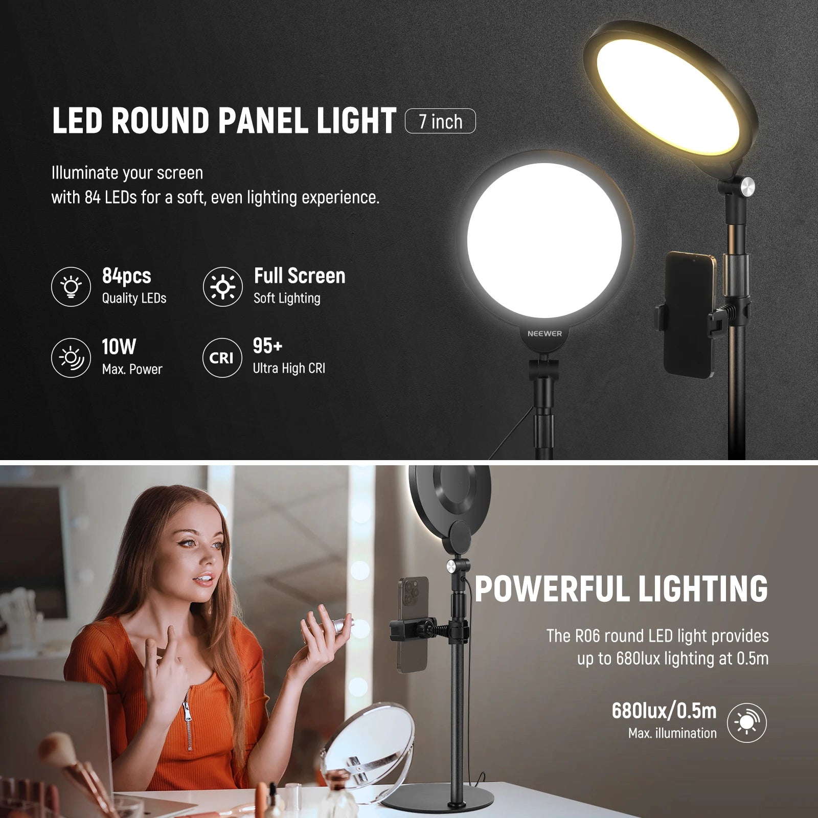 Ring Light de Mesa Neewer Basics 7’’ 10W com Brilho Ajustável – Luzes e Iluminação