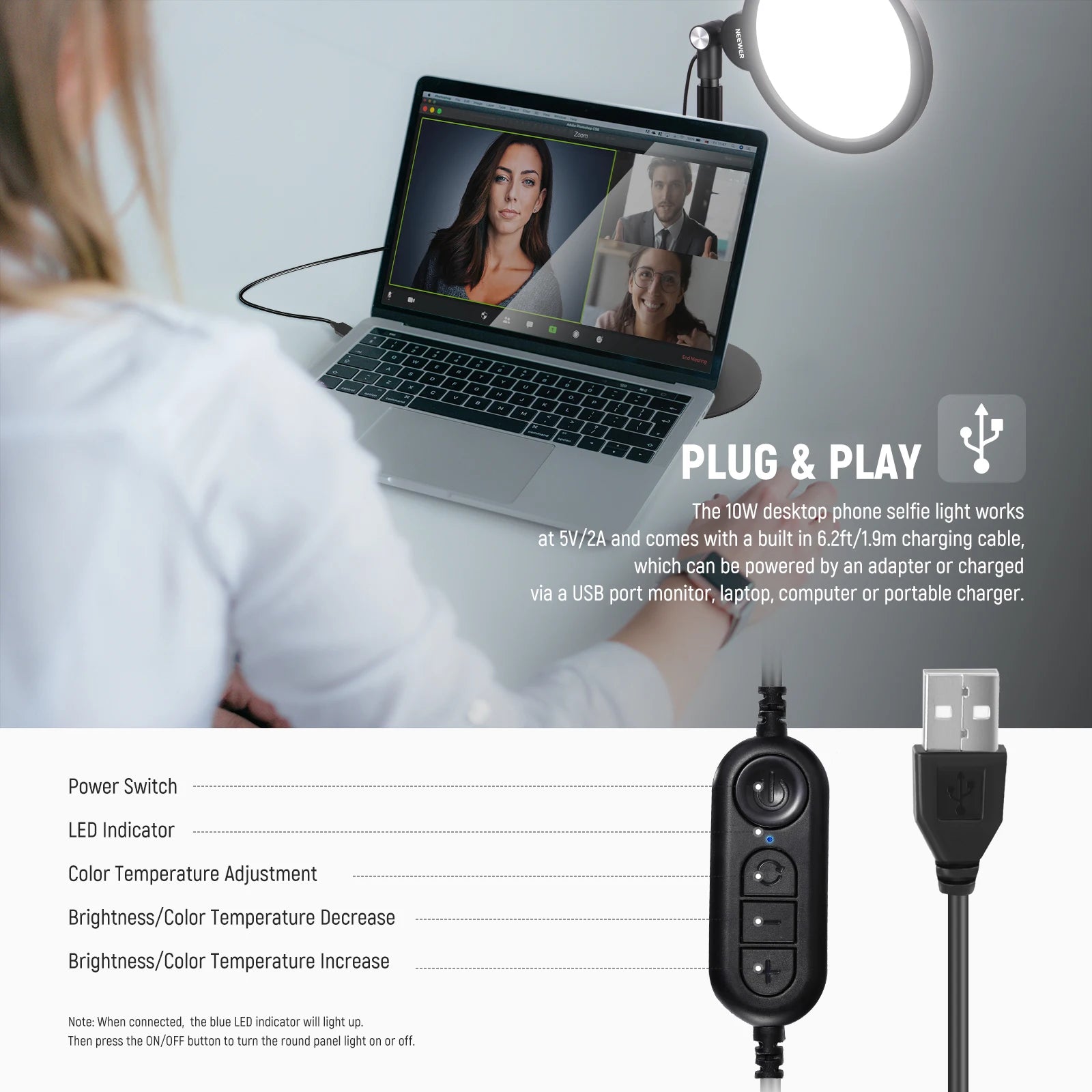 Ring Light de Mesa Neewer Basics 7’’ 10W com Brilho Ajustável – Luzes e Iluminação