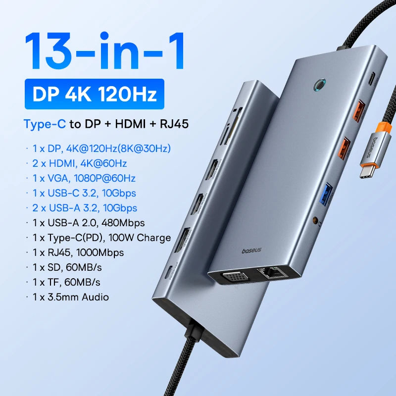 Hub USB-C Baseus 10 em 1 com Dual HDMI 8K/4K e PD 100W – Acessórios e Adaptadores