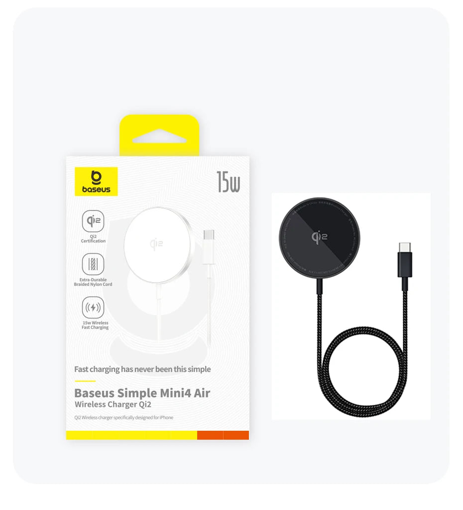 Carregador Sem Fio Magnético Baseus 15W Qi2 com Carregamento Rápido – Energia e Carregamento