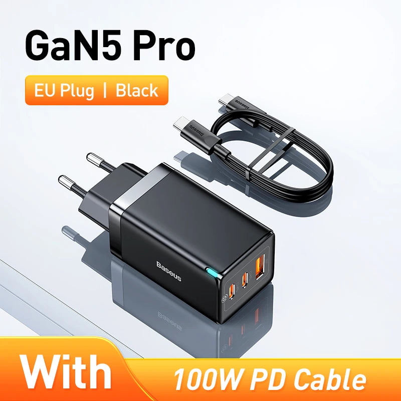 Carregador Rápido Baseus GaN 65W com Portas USB-C/USB e QC 4.0 – Energia e Carregamento