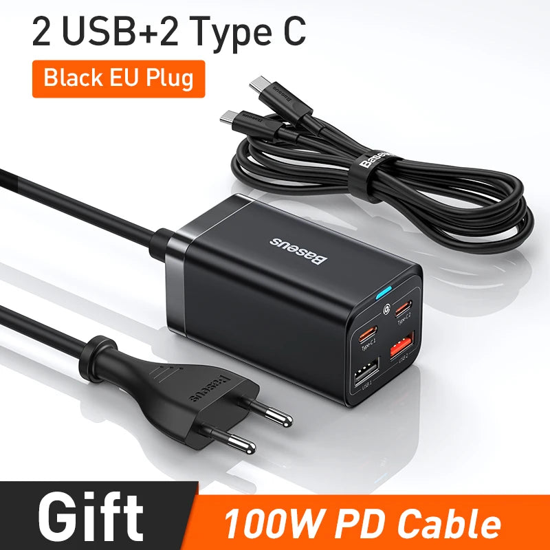 Carregador de Mesa Baseus GaN3 100W/65W com Múltiplas Portas USB-C/USB – Energia e Carregamento