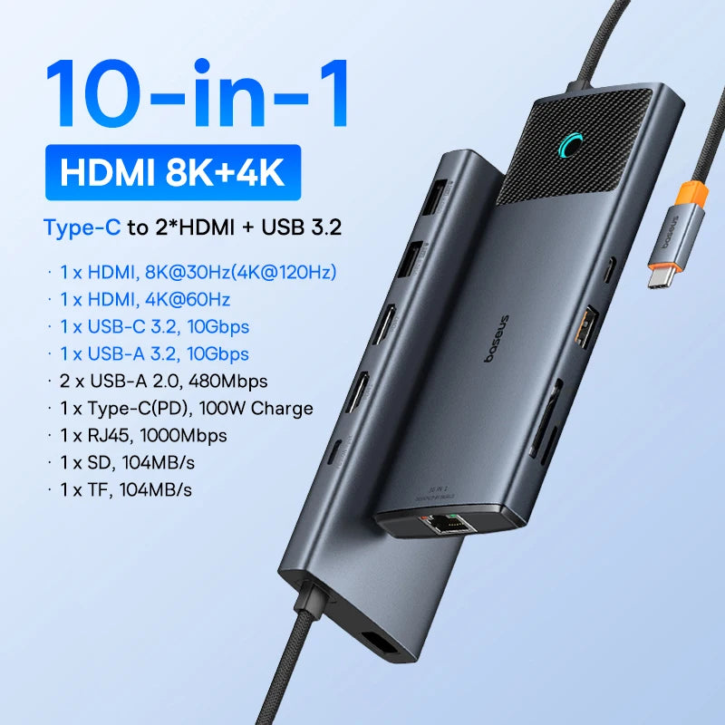 Hub USB-C Baseus 10 em 1 com Dual HDMI 8K/4K e PD 100W – Acessórios e Adaptadores