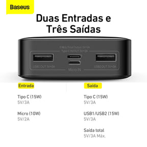 Power Bank Baseus 20.000mAh 15W com Indicador LED e Carregamento Rápido – Energia e Carregamento