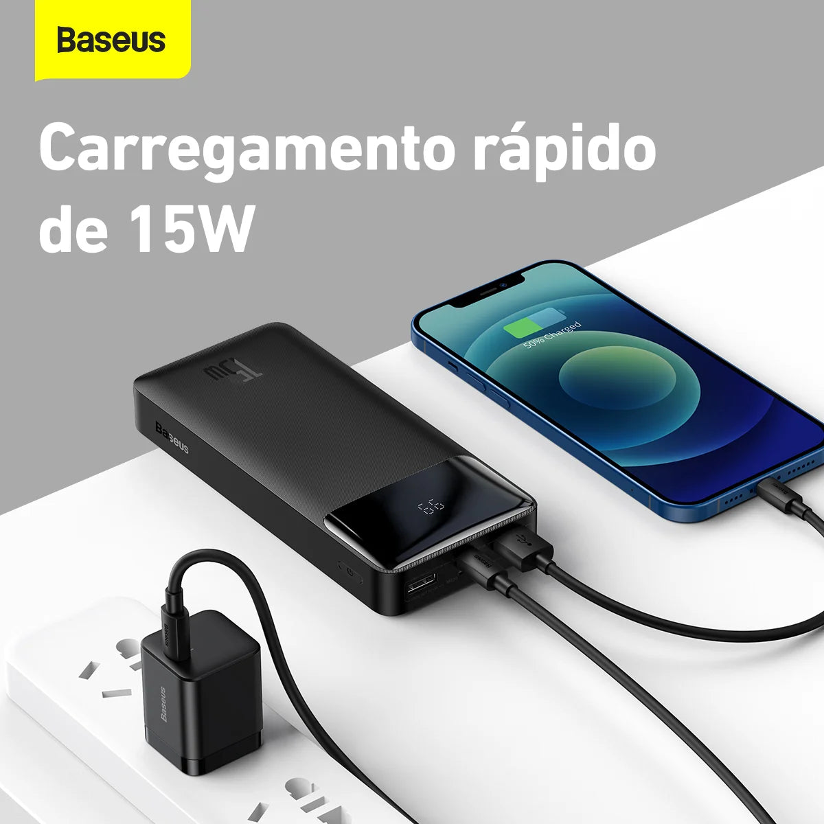 Power Bank Baseus 20.000mAh 15W com Indicador LED e Carregamento Rápido – Energia e Carregamento