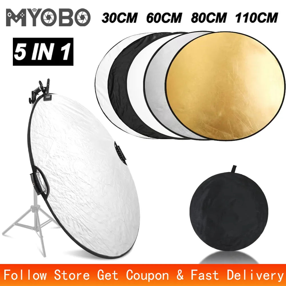 Refletor Fotográfico Myobo 5 em 1 com Difusor de Luz e 5 Superfícies – Luzes e Iluminação