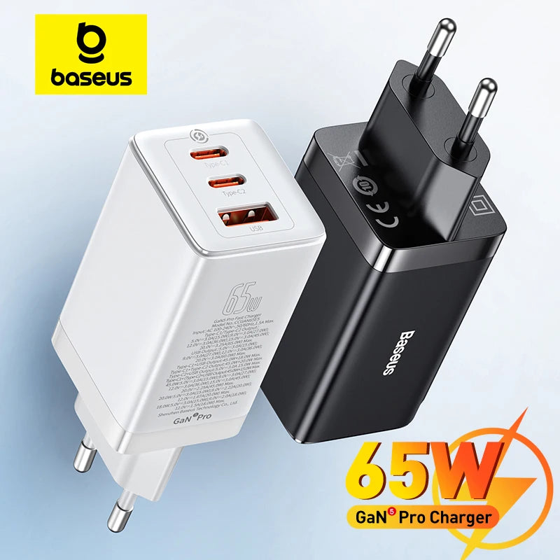 Carregador Rápido Baseus GaN 65W com Portas USB-C/USB e QC 4.0 – Energia e Carregamento