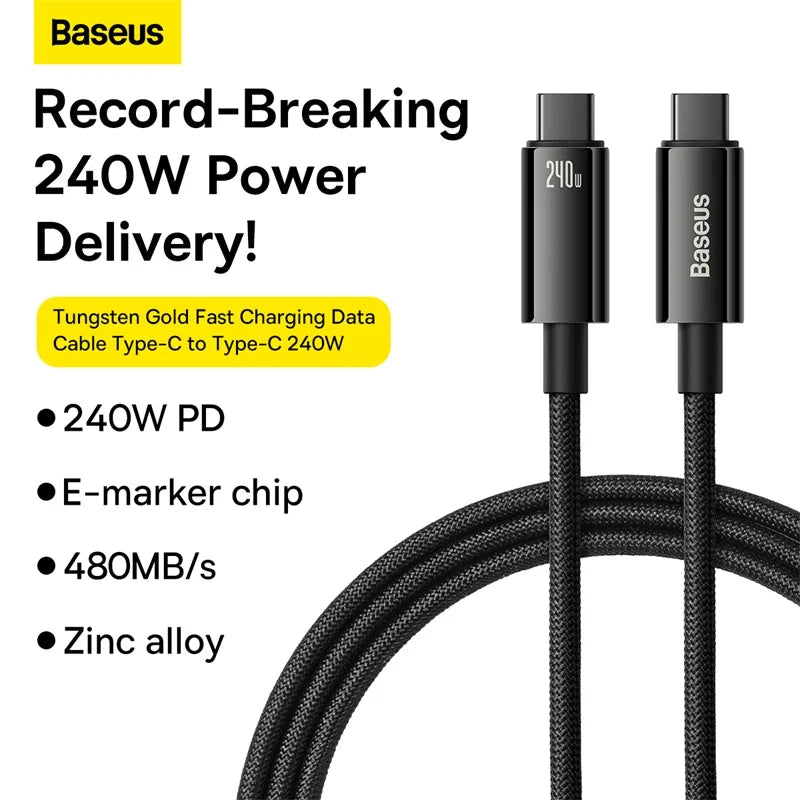 Cabo USB-C Baseus 240W PD3.1 com Carregamento Rápido 48V/5A – Energia e Carregamento