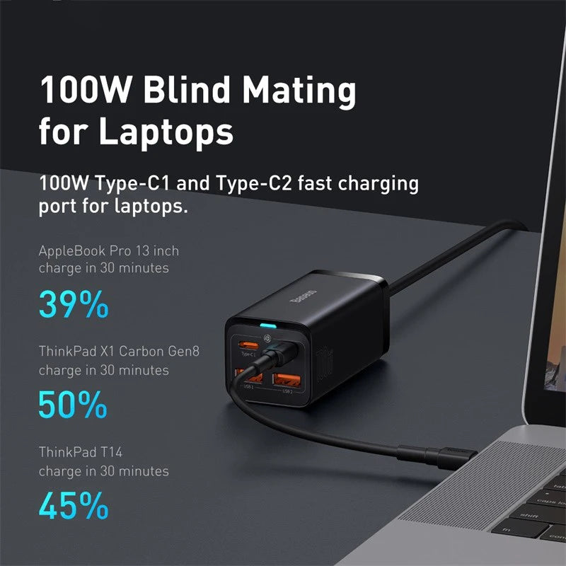 Carregador de Mesa Baseus GaN3 100W/65W com Múltiplas Portas USB-C/USB – Energia e Carregamento