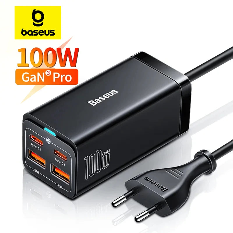 Carregador de Mesa Baseus GaN3 100W/65W com Múltiplas Portas USB-C/USB – Energia e Carregamento