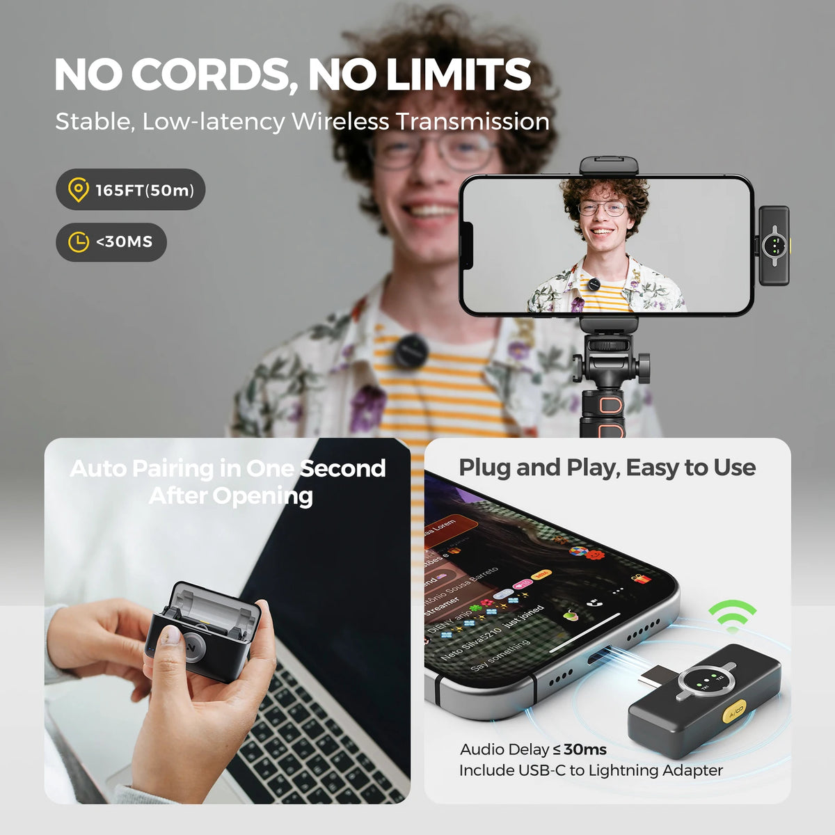 Kit Microfone de Lapela Sem Fio Nearstream (2 Unidades) com Conexão para iPhone, Android e Câmera – Captação de Áudio