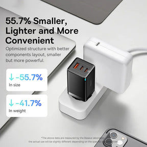 Carregador Rápido Baseus GaN 65W com Portas USB-C/USB e QC 4.0 – Energia e Carregamento