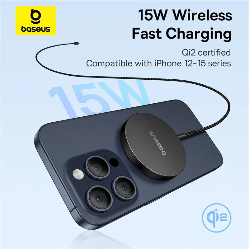 Carregador Sem Fio Magnético Baseus 15W Qi2 com Carregamento Rápido – Energia e Carregamento