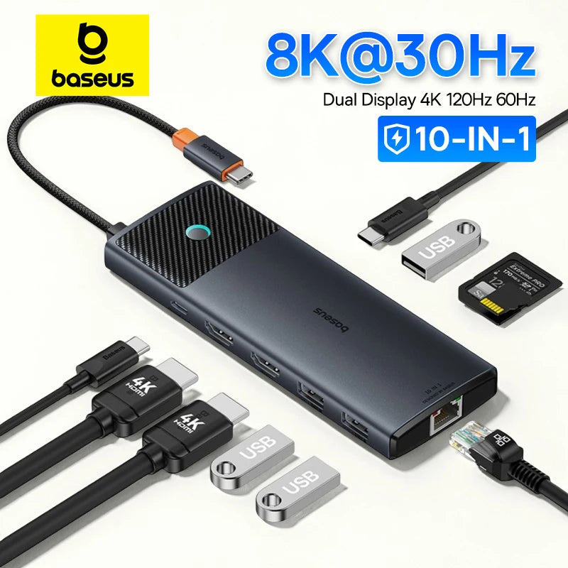 Hub USB-C Baseus 10 em 1 com Dual HDMI 8K/4K e PD 100W – Acessórios e Adaptadores
