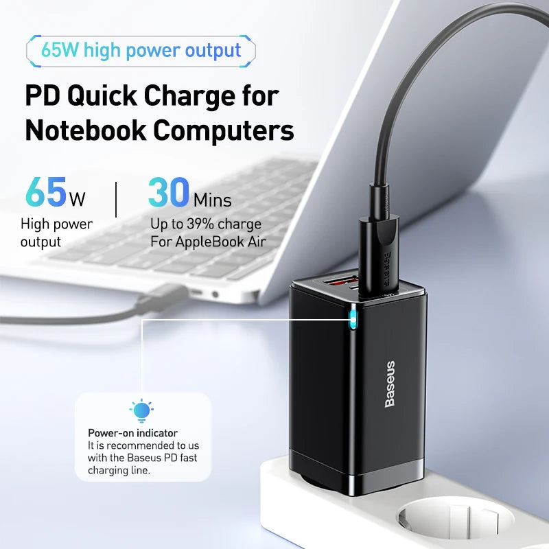 Carregador Rápido Baseus GaN 65W com Portas USB-C/USB e QC 4.0 – Energia e Carregamento
